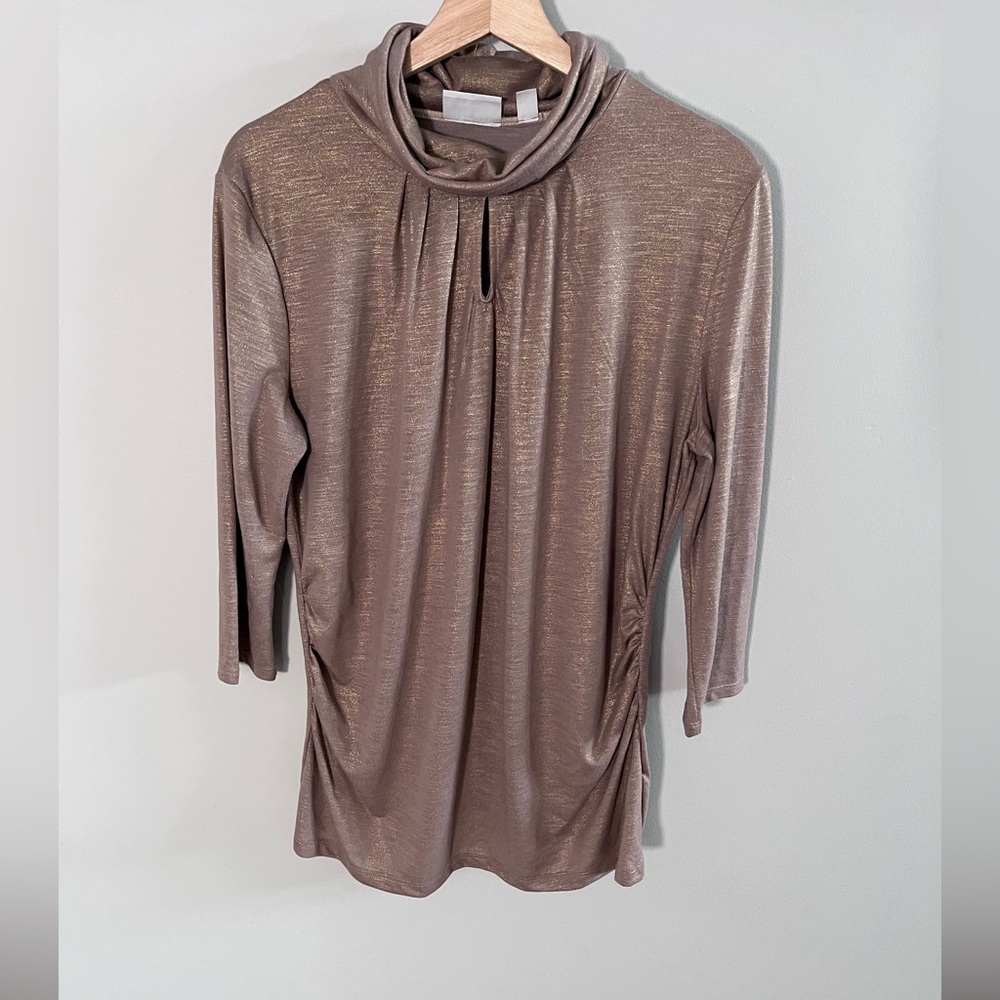 NY‎ & Co Shimmery Taupe Top XL Peekaboo Cutout Draped Neck 3/4 Sleeve Blouse